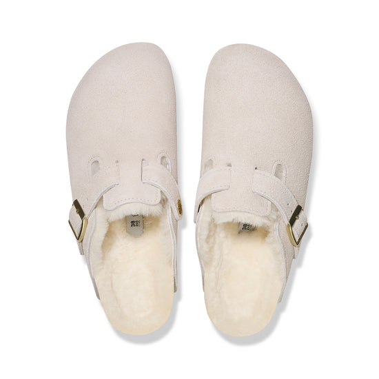 Birkenstock Boston Shearling Antique White Suede Leather/Shearling top view