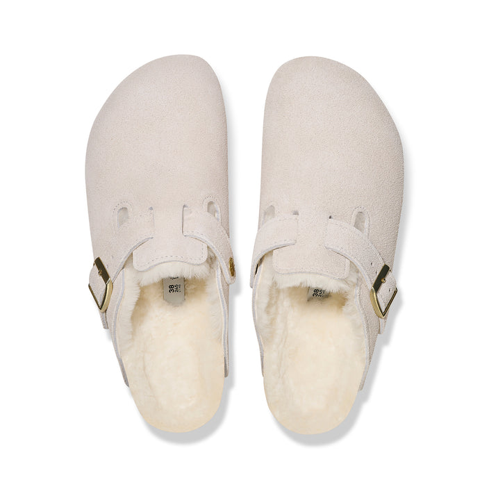 Birkenstock Boston Shearling Antique White Suede Leather/Shearling top view