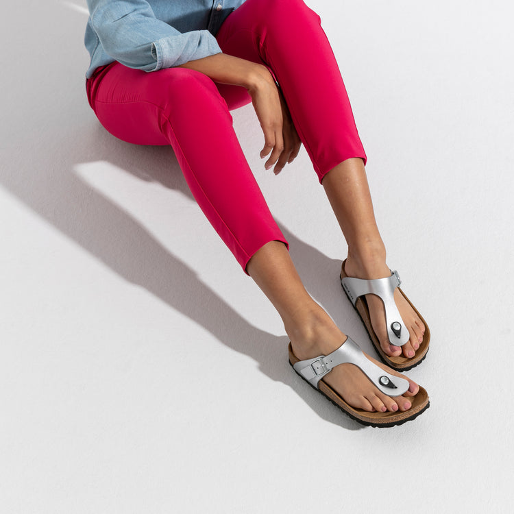 Birkenstock Gizeh Silver Birko-Flor on model